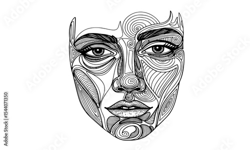 Striking line art portrait of a woman's face, featuring intricate swirls and patterns that convey emotion and depth in a captivating monochrome design