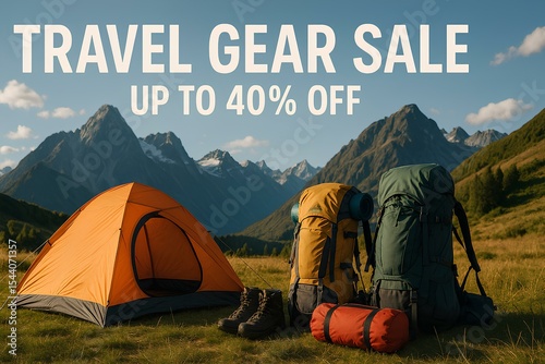 Travel gear sale, tents, backpacks, mountain background, up to 40 off, active vibe