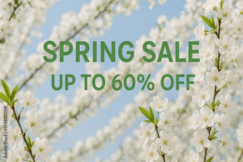 Spring sale, blooming trees in background, Up to 60 off text, bright clean design