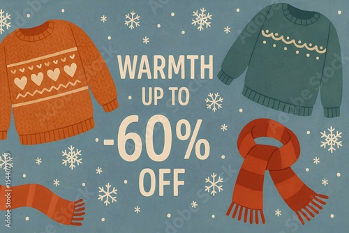 Winter sale, snowflakes, sweaters and scarves, text Warmth up to -60 off, cozy style