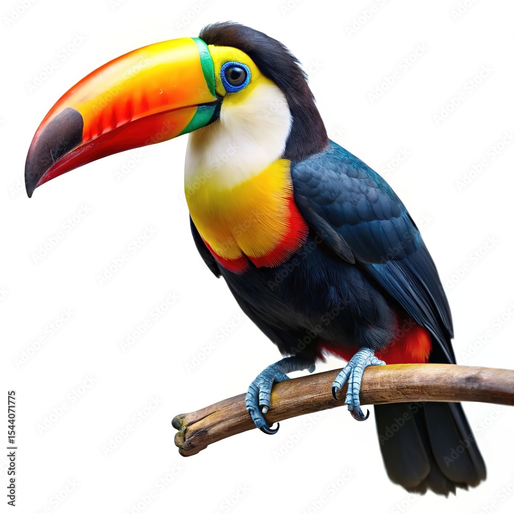 Fototapeta premium Vibrant keel billed toucan perched on branch isolated on white background