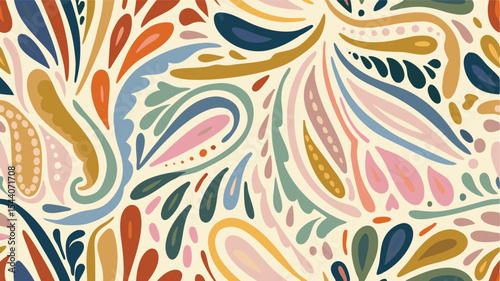 Colorful abstract pattern featuring paisley like shapes and teardrop motifs on a cream background