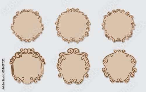 Ornamental label frames. Old ornate labels, decorative vintage frame and retro badge. Royal wedding insignia, sale sticker or invitation card. Isolated vector symbols set