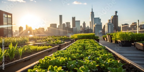 Urban rooftop garden flourishing with fresh produce against a city skyline at sunset