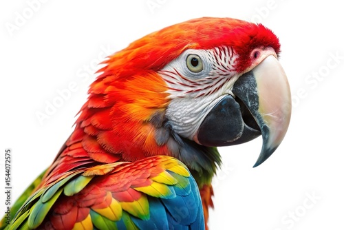 Vibrant scarlet macaw portrait against white background