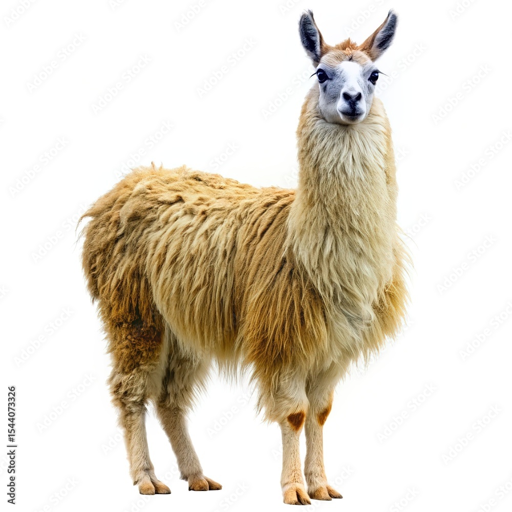 Fototapeta premium Light brown llama standing isolated on white background