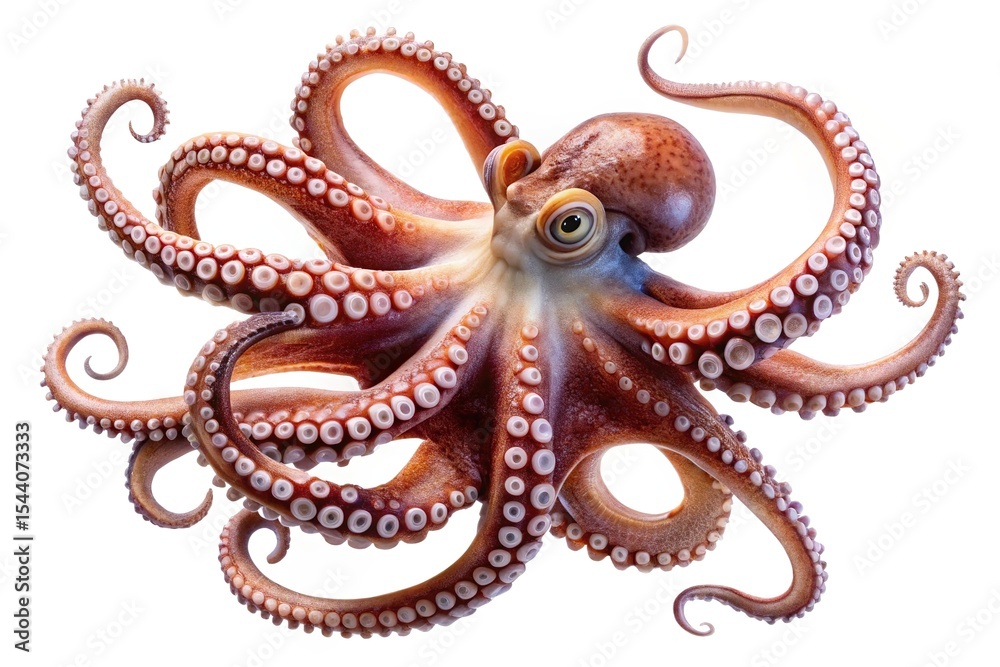 Obraz premium Detailed closeup of a common octopus with eight tentacles on white background