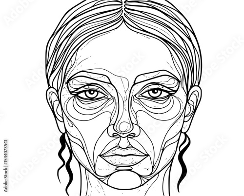 Bold line art representation of a woman's face, featuring intricate details and expressive contours that radiate emotion and modern artistic flair