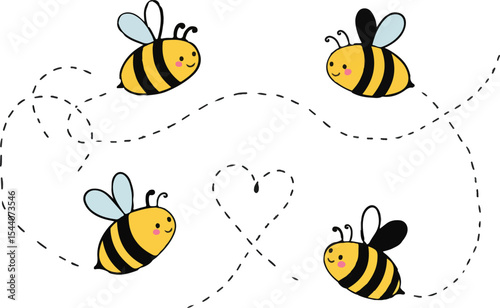 Cute Cartoon Bees Buzzing Around with Dotted Flight Paths, Adorable Honeybees Creating a Sweet Scene Perfect for Crafts and Decor