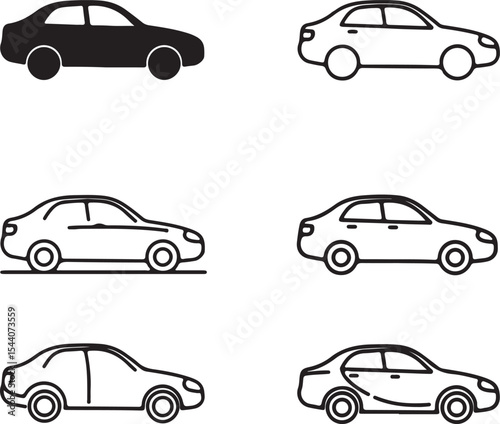 Set of Six Stylized Car Illustrations in Black and White Depicting Various Body Shapes and Modern Automobile Designs
