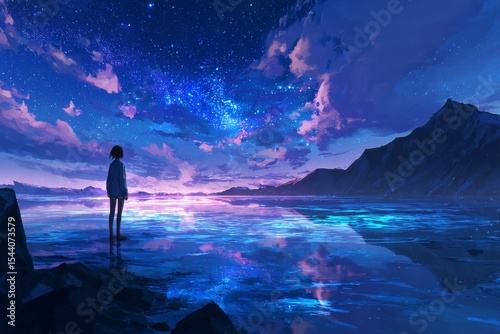 Starry Night Seascape A Girl Gazes at the Celestial Beauty
