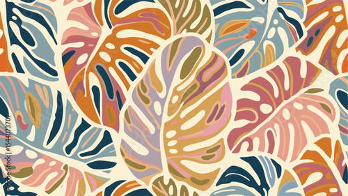 Seamless pattern of colorful monstera leaves with various shades and abstract shapes in a dense arrangement