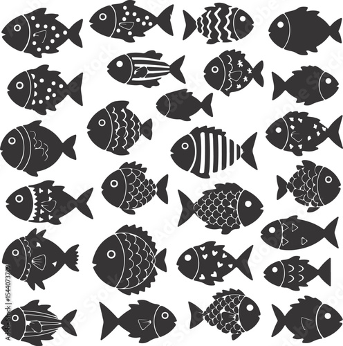 A charming collection of stylized fish illustrations showcasing diverse patterns and shapes in a monochromatic palette evoking a playful nautical theme