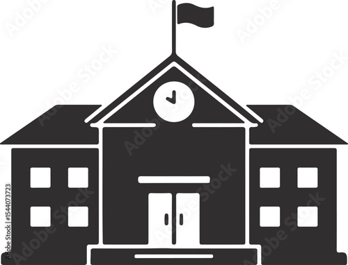 Government Building Icon Silhouette with Flag and Clock Symbolic of Civic Institutions and Public Service Representation