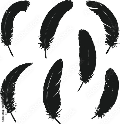 Elegant Flight Silhouettes Artistic Composition of Black Feathers Floating in the Airy Expanse of a White Background