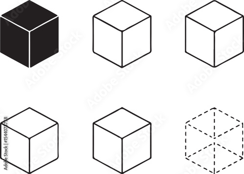 Geometric Shapes Illustration Featuring Solid Outline and Dashed Cubes Exploring Three Dimensional Forms and Visual Representations of Spatial Concepts