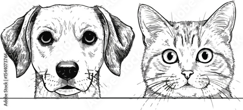 Contrasting Canine and Feline Companions A Black and White Illustration of a Dog and Cat Friendship and Domestic Harmony