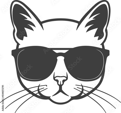 Cool Cat Illustration of a Cat Wearing Sunglasses Featuring Strong Silhouette Elements and Expressive Cat Features in a Monochrome Aesthetic