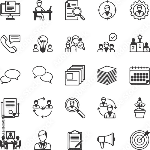 Set of Human Resources Icons Representing Recruitment, Training, and Business Management Concepts with a Simple Outline Style