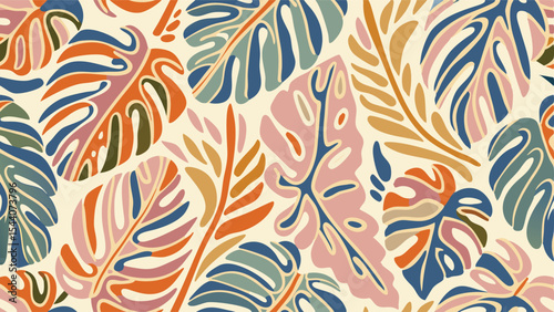 A colorful pattern of stylized tropical leaves in shades of orange, pink, blue, and green on beige background