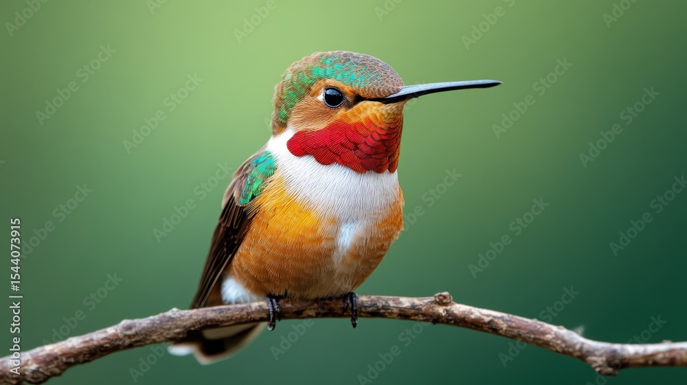 Fototapeta premium A stunning close-up of a vibrant hummingbird perched on a branch showcases its iridescent feathers and delicate features, highlighting nature’s beauty in exquisite detail.