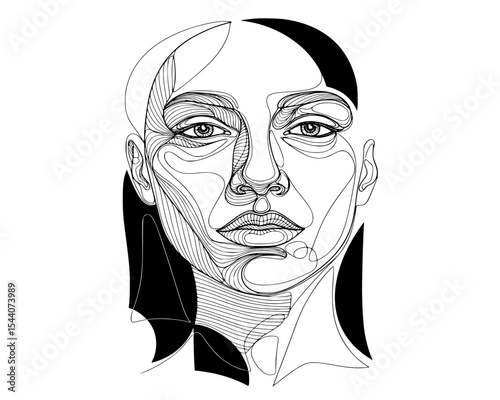 Striking line art portrait of a woman, featuring bold contours and intricate details that elegantly convey beauty and emotional depth in black and white