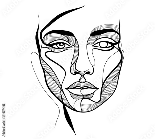 Elegant line art portrait of a woman, featuring flowing contours and bold strokes to capture the essence of beauty and individuality in minimalist style.