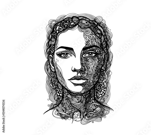 Striking line art portrait of a woman, blending intricate details and abstract patterns to evoke beauty and depth in a compelling black and white design.