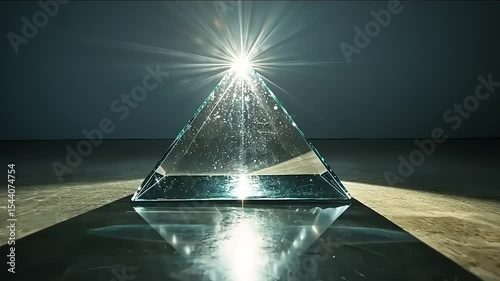 Illuminated Transparency: A Glass Pyramid Reflecting Brilliant Light on a Gray Surface