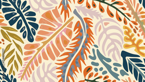 Colorful botanical pattern featuring a variety of leaves in shades of orange and blue with a light background