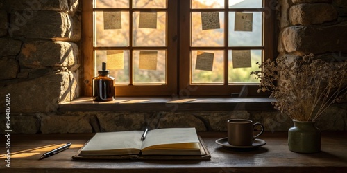 Cozy writing nook with warm sunlight streaming through the window in a rustic setting
