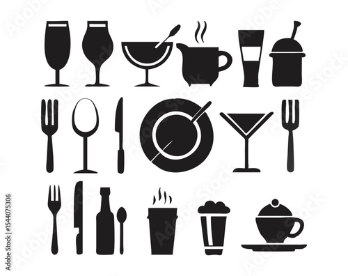 Elegant Black Dining Utensil Vector Icon Set for Restaurant and Kitchen Design Projects