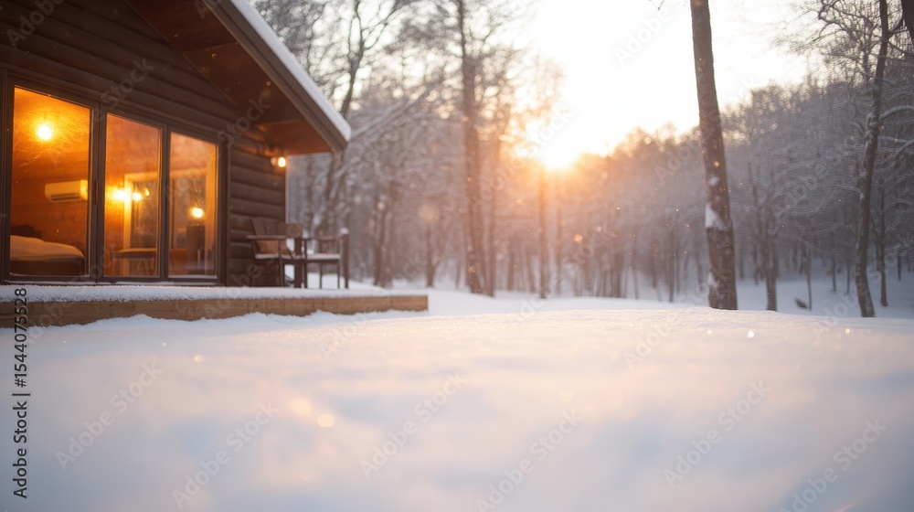 Naklejka premium A serene image of a cozy cabin nestled in a snowy forest, with warm lights glowing through the windows, embodying the beauty of winter and inviting feelings of comfort and warmth.
