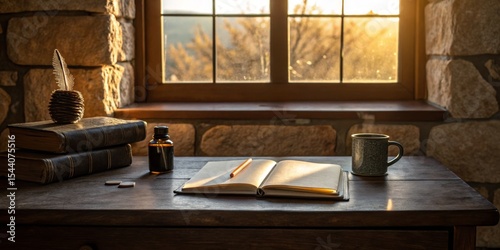 Warm afternoon light illuminates a rustic writing desk with an open notebook and cozy accessories