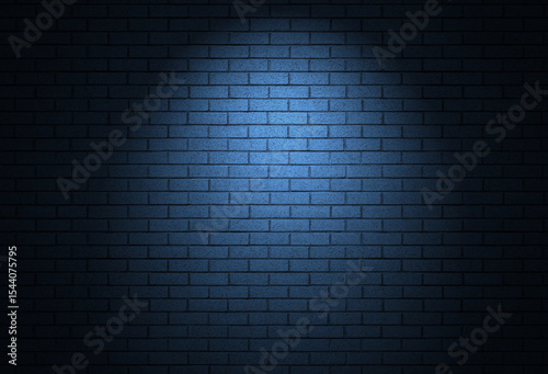 Night time brick wall background dark alley texture. Dramatic vibe with spotlight on empty building real backdrop. Bricks constructed in running bond pattern.