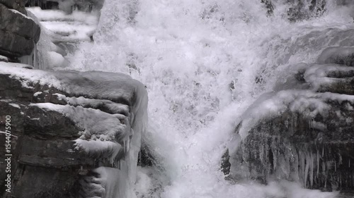 Ice on waterfall rock close up slow motion
