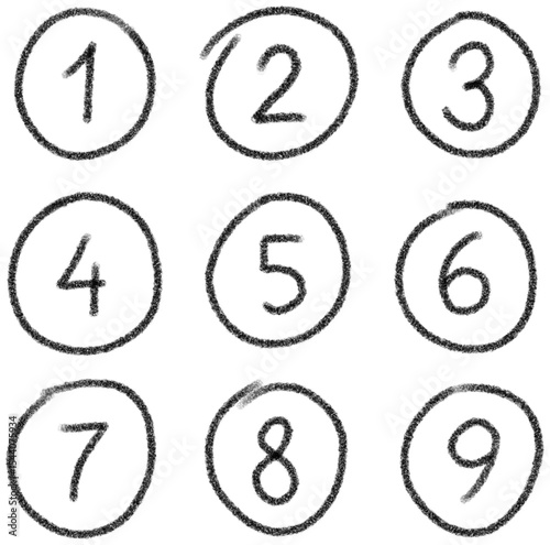 Hand-drawn numbers 1-9 in circles chalk style illustration. Cutout png file.