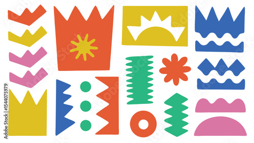 Colorful abstract shapes including crowns, suns, circles and zigzags are arranged randomly