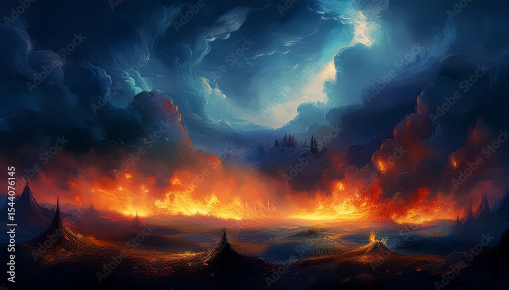 Naklejka premium abstract landscape shows fire under dark blue clouds used for digital design