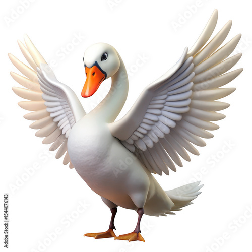 A cartoon white swan with orange beak and webbed feet flapping its wings against a black background