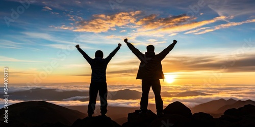 Sunset celebration on a mountain peak with two hikers enjoying the view after a challenging trek