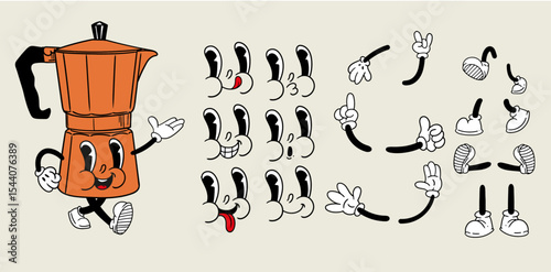 Retro vintage set of coffee character design elements, a cartoon Italian coffee maker. Character eyes, hands, and feet. In vector.