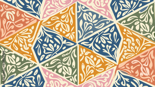 Floral pattern in triangles with a variety of colors and leaf designs creating a vibrant mosaic effect
