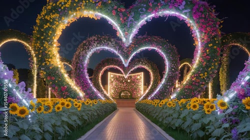 Romantic Glowing Heart Shaped Floral Tunnel With Colorful Flowers And Lights In Night Garden Path Surrounded By Sunflowers