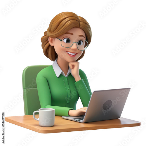 Cartoon woman with glasses working on a laptop at a desk with a mug and a green chair behind her