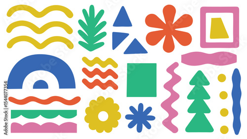 Collection of colorful geometric shapes including waves flowers and triangles on a white background