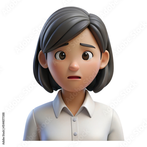 Cartoon woman with short gray hair and a white shirt looking concerned on a black background studio shot