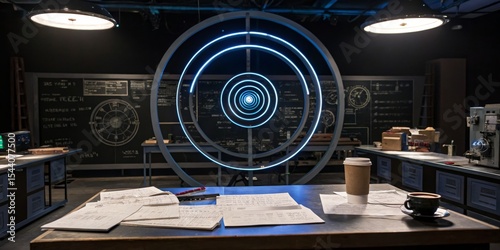 Creative workspace features neon circular design and coffee cup during late evening brainstorming session