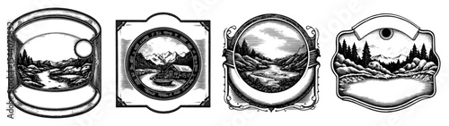Monochrome mountain landscapes in ornate vintage frames suitable for labels or packaging.
