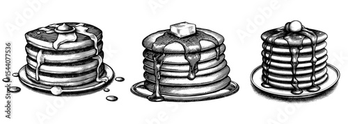 Stacks of pancakes with toppings engraved style illustration black and white for breakfast food